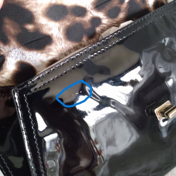 Karen Millen Black Patent Leather Clutch Bag-Leopard Print Interior & Hand Strap - Picture 14 of 14